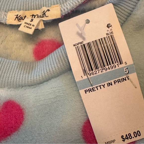 NWT Kate Mack Girls’ Blue & Pink Heart Fleece Pullover - Size 5‎ - Picture 3 of 4